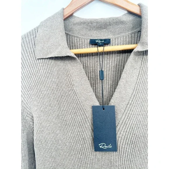 Rails Luciana Latte Brown Ribbed Knit Long Sleeve Collared Midi Dress Size M NWT - Picture 6 of 7